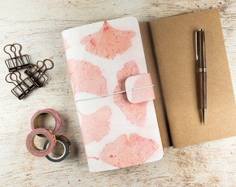 Pink Ginkgo Leaf Traveller's Notebook, Botanically Dyed Cover, Refillable Notebook, Vegan Fauxdori, Gift For Writer