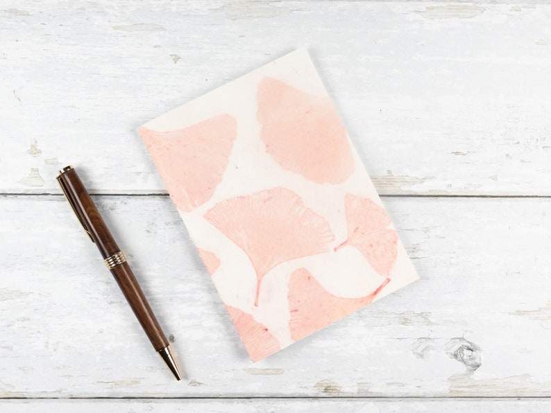 Ginkgo Leaf Pocket Notebook, Mini Jotter, Travel Notebook, Ecoprint Cover, Lined Pages, Purse Journal, Hand Bound, Nature's Colors Pink Ginkgo 2