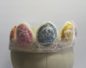 Easter Eggs Hand Felted Wool Crown, Child/Adult, Sm/Med, 100% Wool Roving & Batting w/White Tussah Silk Embellishment, Ribbon Ties, Cosplay