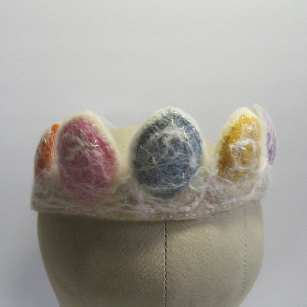 Easter Eggs Hand Felted Wool Crown, Child/Adult, Sm/Med, 100% Wool Roving & Batting w/White Tussah Silk Embellishment, Ribbon Ties, Cosplay