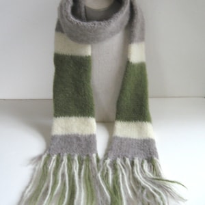 Unique Handmade Knitted 100% Wool Wet Felted Skinny Scarf in Brown, Meadow Green & White
