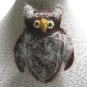 Wise Old Owl Halloween Pin, Handmade with 100%  Brown Wool Felt, Wool Batting and Wool Roving