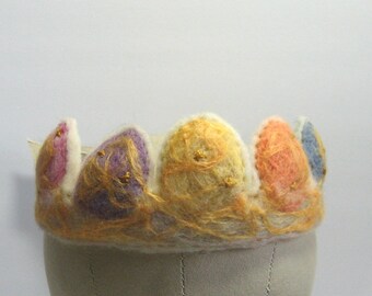 Easter Eggs Hand Felted Wool Crown, Child or Adult Small/Med, 100% Wool Roving & Batting with Gold Silk Embellishment, Ribbon Ties, Cosplay
