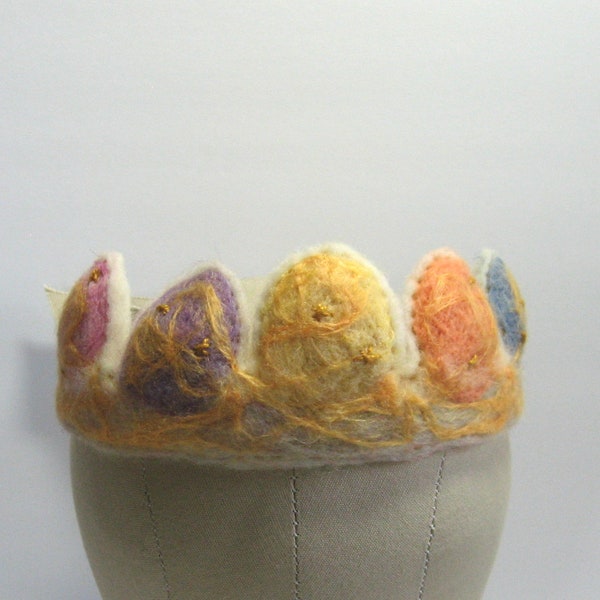 Easter Eggs Hand Felted Wool Crown, Child or Adult Small/Med, 100% Wool Roving & Batting with Gold Silk Embellishment, Ribbon Ties, Cosplay