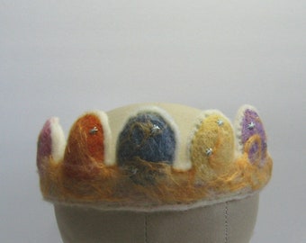 Easter Eggs Hand Felted Wool Crown, Child or Adult, Small/Med, 100% Wool Roving & Batting with Gold Silk Embellishment, Ribbon Ties, Cosplay