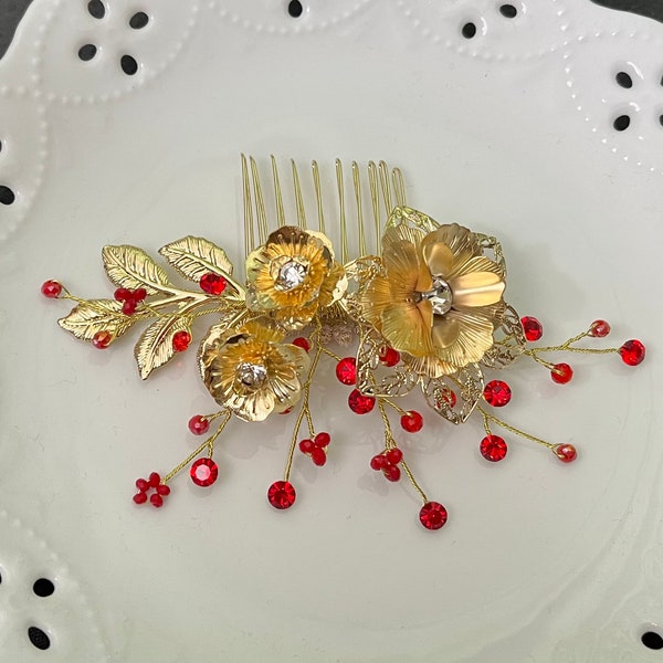 Gold Plated Floral Traditional Hair Piece With Pearl and Red Beads