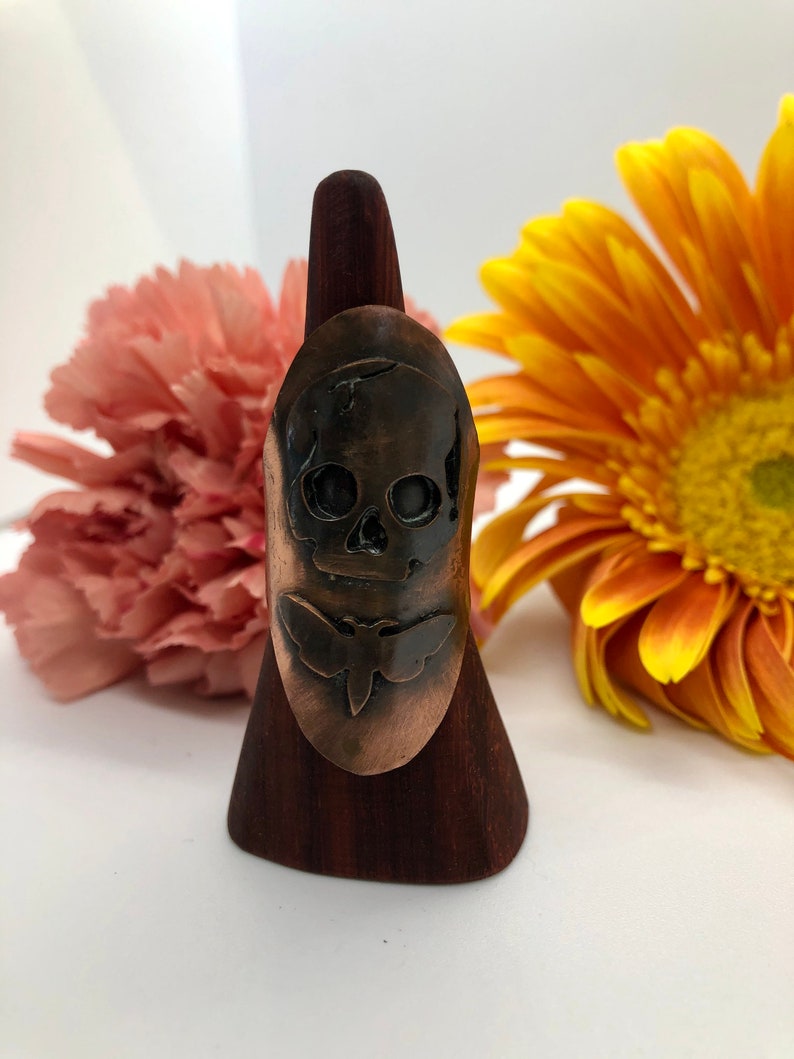 Copper Gothic Skull and Moth Saddle Ring