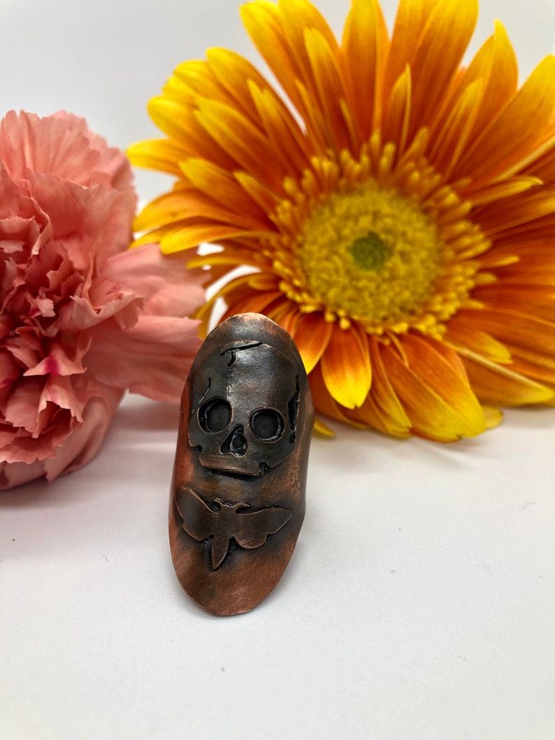 Copper Gothic Skull and Moth Saddle Ring