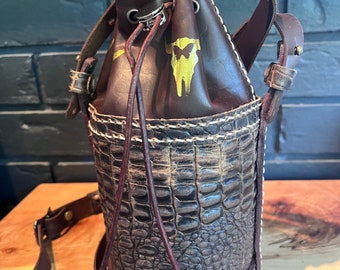 Brown Crocodile Embossed Leather Bucket Bag