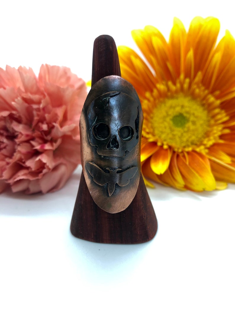 Copper Gothic Skull and Moth Saddle Ring