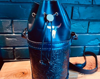 Blue Embossed Leather Bucket Bag