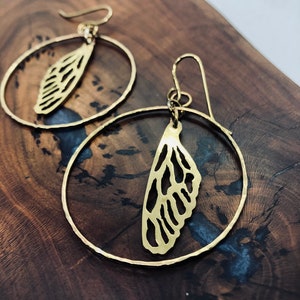 Brass Hoop Cicada Wing Earrings