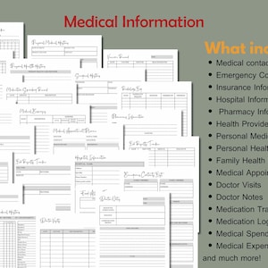 Puede incluir: Un conjunto de hojas de informaci&oacute;n m&eacute;dica imprimibles, que incluyen un rastreador de medicamentos, una lista de contactos m&eacute;dicos y contactos de emergencia. El texto "Medical Information" est&aacute; en la parte superior, con una lista de elementos incluidos a la derecha.