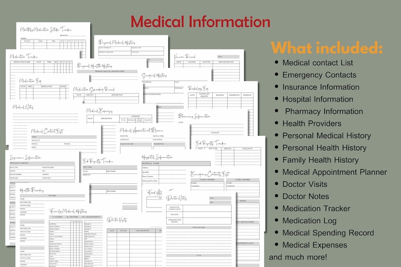 Puede incluir: Un conjunto de hojas de informaci&oacute;n m&eacute;dica imprimibles, que incluyen un rastreador de medicamentos, una lista de contactos m&eacute;dicos y contactos de emergencia. El texto "Medical Information" est&aacute; en la parte superior, con una lista de elementos incluidos a la derecha.