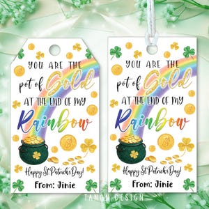 Etiquetas de regalo para el Día de San Patricio para imprimir, etiqueta de regalo para el Día de San Patricio con tréboles y la olla de oro, tarjeta de etiqueta de regalo para amigos