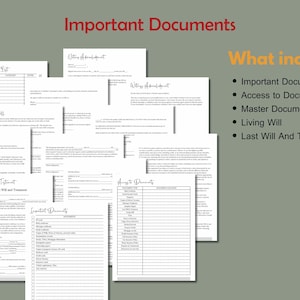 Puede incluir: Una colecci&oacute;n de documentos en papel blanco con texto negro, que incluye una lista maestra de documentos, un testamento vital y un testamento. Las palabras "Documentos importantes" est&aacute;n en rojo en la parte superior, con una lista de elementos incluidos en naranja.