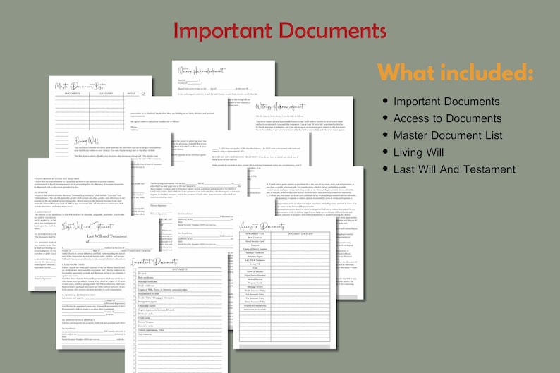 Puede incluir: Una colecci&oacute;n de documentos en papel blanco con texto negro, que incluye una lista maestra de documentos, un testamento vital y un testamento. Las palabras "Documentos importantes" est&aacute;n en rojo en la parte superior, con una lista de elementos incluidos en naranja.