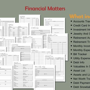 Puede incluir: Una colecci&oacute;n de hojas blancas de planificaci&oacute;n financiera con el texto "Financial Matters" en rojo. Las hojas incluyen rastreadores de cuentas, tarjetas de cr&eacute;dito, inversiones y deudas. Una lista en el lado derecho detalla lo que se incluye.