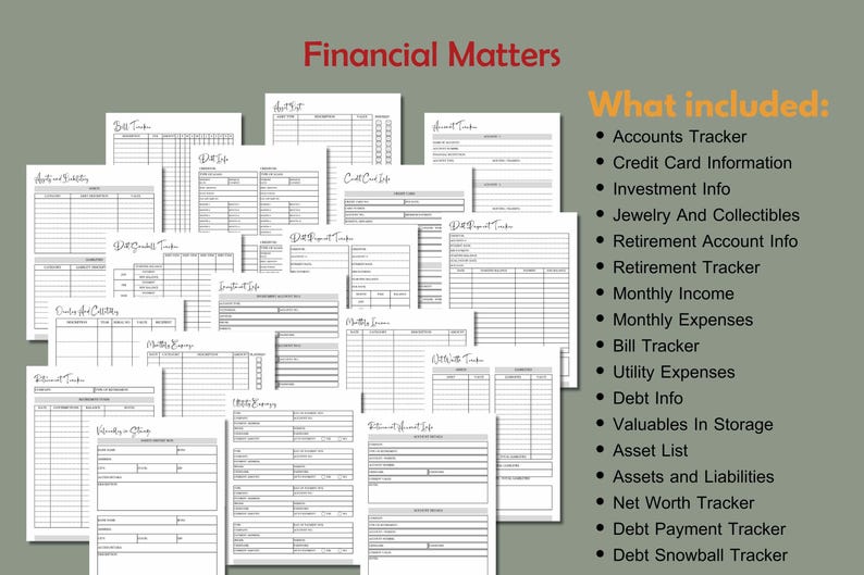Puede incluir: Una colecci&oacute;n de hojas blancas de planificaci&oacute;n financiera con el texto "Financial Matters" en rojo. Las hojas incluyen rastreadores de cuentas, tarjetas de cr&eacute;dito, inversiones y deudas. Una lista en el lado derecho detalla lo que se incluye.