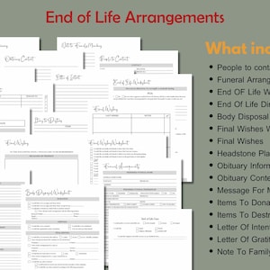 Puede incluir: Un conjunto de documentos en papel blanco con el t&iacute;tulo "End of Life Arrangements" en rojo. Los documentos incluyen hojas de trabajo para los arreglos funerarios, los &uacute;ltimos deseos y la disposici&oacute;n del cuerpo. Una lista a la derecha detalla lo que se incluye.