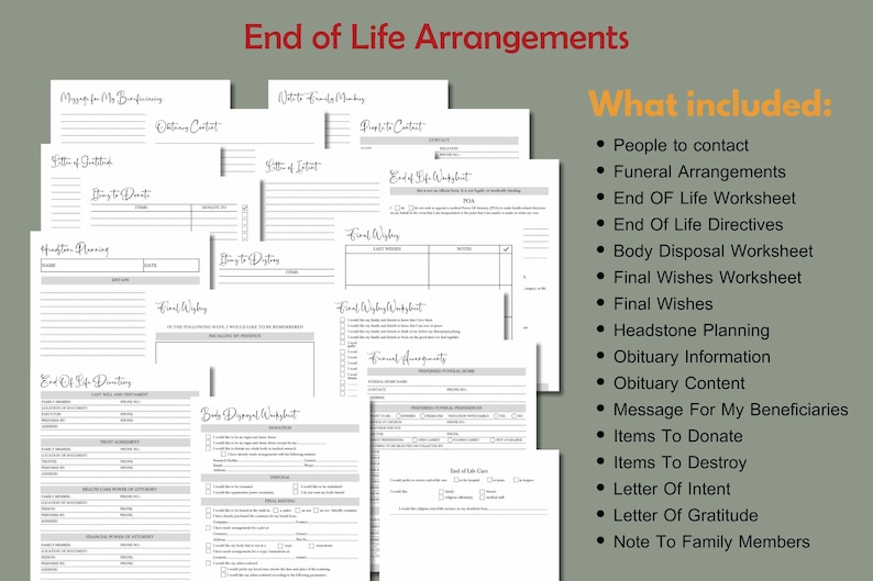 Puede incluir: Un conjunto de documentos en papel blanco con el t&iacute;tulo "End of Life Arrangements" en rojo. Los documentos incluyen hojas de trabajo para los arreglos funerarios, los &uacute;ltimos deseos y la disposici&oacute;n del cuerpo. Una lista a la derecha detalla lo que se incluye.