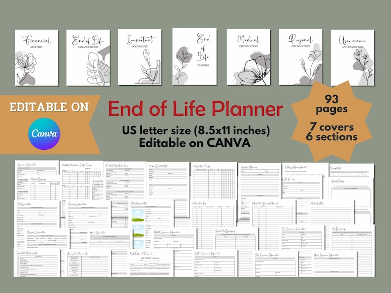 Puede incluir: Un "Planificador del final de la vida" con 93 p&aacute;ginas, 7 portadas y 6 secciones. El planificador es de tama&ntilde;o carta estadounidense (21,6 x 27,9 cm) y editable en Canva. Las portadas presentan dise&ntilde;os florales y t&iacute;tulos como "Finanzas", "Disposiciones".