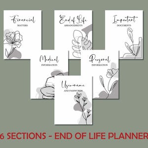 Puede incluir: Un conjunto de seis secciones blancas de un planificador de fin de vida con arte lineal floral y t&iacute;tulos como "Asuntos financieros" y "Documentos importantes". El texto "6 SECTIONS - END OF LIFE PLANNER" est&aacute; en la parte inferior.