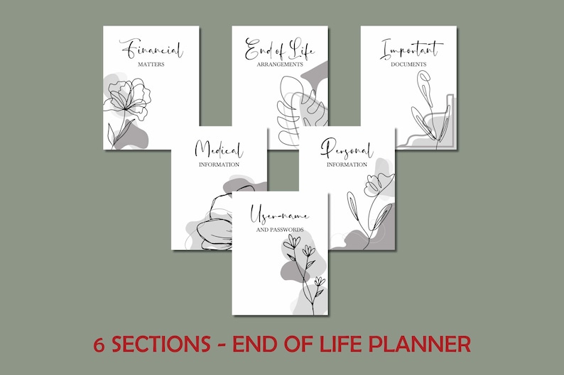 Puede incluir: Un conjunto de seis secciones blancas de un planificador de fin de vida con arte lineal floral y t&iacute;tulos como "Asuntos financieros" y "Documentos importantes". El texto "6 SECTIONS - END OF LIFE PLANNER" est&aacute; en la parte inferior.