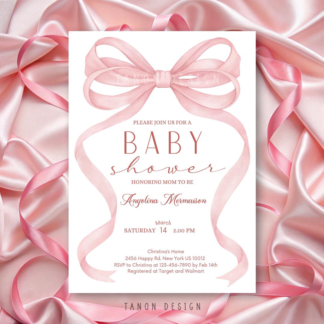 Pink Bow Ribbon Baby Shower Invitation Editable Printable Template ...
