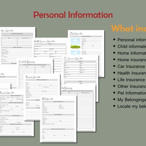 Puede incluir: Un conjunto de formularios imprimibles de informaci&oacute;n personal, con secciones para seguros de hogar, salud y vida, e informaci&oacute;n de hijos. El texto "Informaci&oacute;n Personal" y una lista de temas incluidos son visibles.
