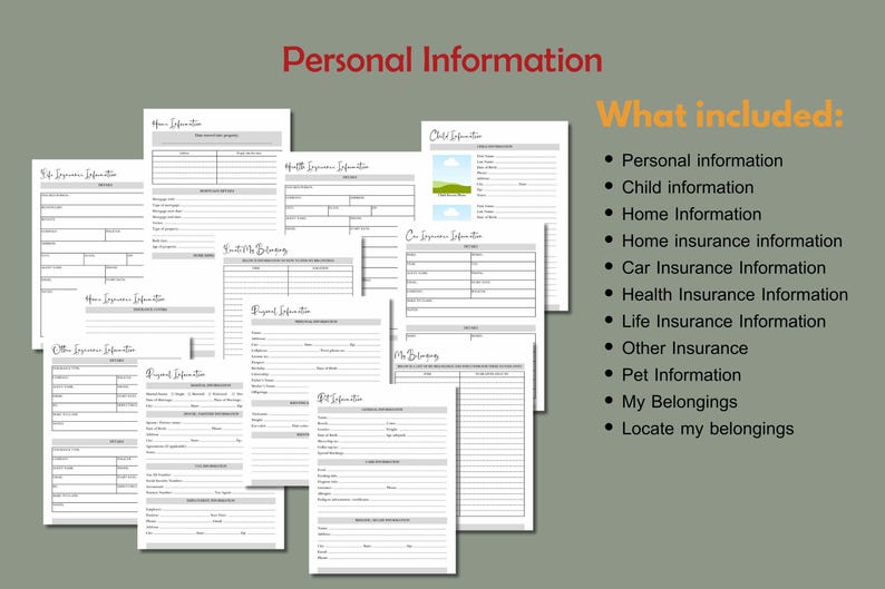 Puede incluir: Un conjunto de formularios imprimibles de informaci&oacute;n personal, con secciones para seguros de hogar, salud y vida, e informaci&oacute;n de hijos. El texto "Informaci&oacute;n Personal" y una lista de temas incluidos son visibles.
