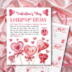 Puede incluir: Un gramo de piruleta para el Día de San Valentín para imprimir en rosa y blanco con un fondo rosa. El texto dice "Valentine's Day Lollipop Gram" y "solo cuesta $ 1.00 ". La imagen presenta tres piruletas de dibujos animados con corazones y caras sonrientes. El texto "CUTE School PTO está organizando un gramo de piruleta para el Día de San Valentín. Por favor, rellena los recuadros de abajo para participar y enviar tus gramos. Cada gramo cuesta $ 1 y puedes enviar tantos como quieras. ¡Sin límite! Por favor, adjunta dinero en un sobre (grapado) a esta hoja y entrégalo a más tardar el 12 de FEBRERO." también está incluido.