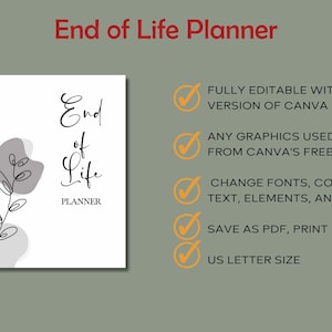 Puede incluir: Un planificador de fin de vida blanco con un dise&ntilde;o floral minimalista. El t&iacute;tulo est&aacute; en una escritura elegante, con la palabra "Planner" debajo. La imagen tambi&eacute;n incluye texto sobre las funciones de edici&oacute;n de Canva y el tama&ntilde;o US Letter.