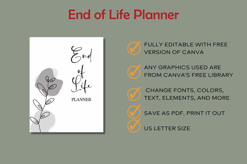 Puede incluir: Un planificador de fin de vida blanco con un dise&ntilde;o floral minimalista. El t&iacute;tulo est&aacute; en una escritura elegante, con la palabra "Planner" debajo. La imagen tambi&eacute;n incluye texto sobre las funciones de edici&oacute;n de Canva y el tama&ntilde;o US Letter.