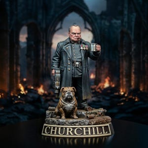 May include: A detailed figurine of Winston Churchill wearing a long dark coat, holding a cigar and a metal cup, standing next to a brown bulldog. The figure is mounted on a textured base with the name CHURCHILL printed in white capital letters.