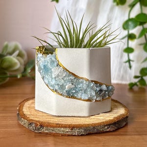 Crystal aquamarine mini planter, minimalist concrete geode air plant display pot