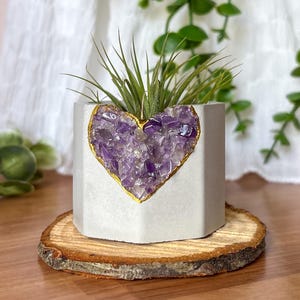 Concrete Heart Planter, handmade succulent mini plant pot, amethyst crystal air plant holder