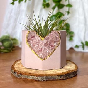 Pink Geode Plant Pot, Strawberry Quartz Crystal Planter, Mini Heart Air Plant Holder, Crystal Gift for Mom