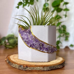 Purple Amethyst concrete plant pot, gemstone air plant holder decor