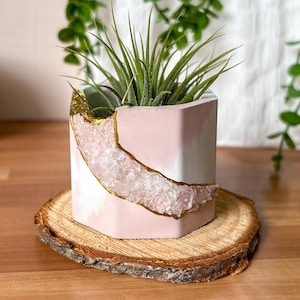 Rose Quartz Concrete Mini Planter, Marble Concrete Pot, Crystal Air Plant Holder, Mothers Day gift, Crystal Decor for Mom
