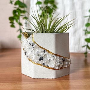 White Moonstone Geode Planter, Mini Concrete Pot for Air Plants and Succulents, June Birthstone