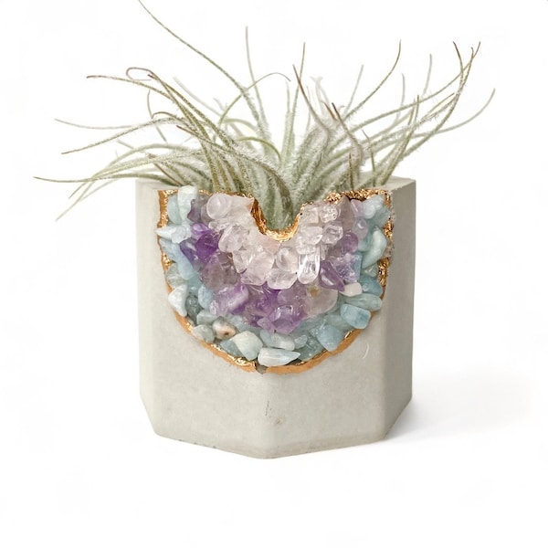 Cute rainbow concrete planter for air plants, aquamarine, amethyst and rose quartz mini planter for home or office