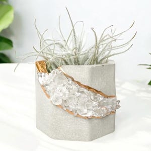 May include: A gray, hexagonal concrete planter with a gold-colored accent and clear crystal embellishments. The planter holds a small air plant with long, thin, gray-green leaves. The design is modern and decorative.