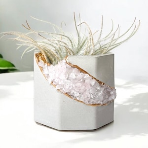 Rose Quartz Geode Planter, Concrete Planter for air plants or succulents, Crystal Plant Holder, Gift for Her