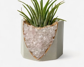 Geode Inspired Concrete pot with Rose Quartz Crystals, cute air plant holder gift