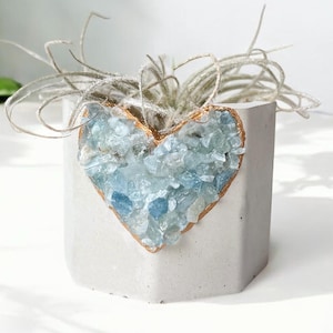 Aquamarine Geode Heart Planter, Concrete Mini Succulent Pot, Boho Crystal Decor, Gift for Plant Lovers