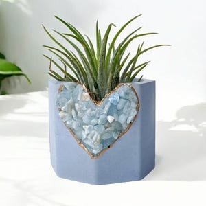 Crystal Concrete Plant Pot, Mini Air plant holder, Aquamarine Heart Planter