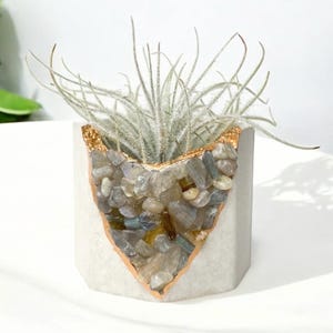 Labradorite Crystal Planter, Mini Concrete Air plant holder, Grey Succulent & Cactus Planter Pot