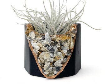 Black concrete planter with citrine crystals, perfect mini pot for air plants and succulents