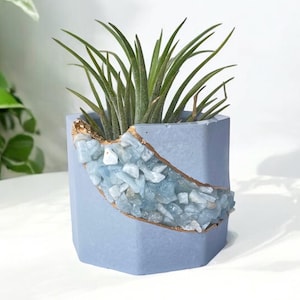 Blue aquamarine mini planter, concrete air plant and succulent holder, crystal geode plant pot